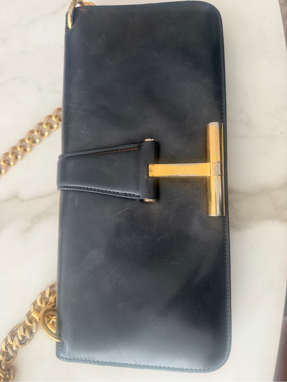 Tom Ford Black Leather Shoulder Bag with Gold Hardware